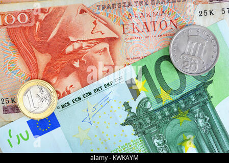 Griechische Drachme und Euro, griechischen Drachme und Euro Stockfoto