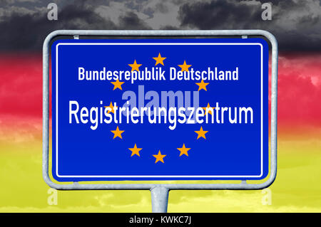 Zeichen der Bundesrepublik Deutschland Meldestelle, symbolische Foto Schild Bundesrepublik Deutschland Registrierungszentrum, Symbolfoto Stockfoto