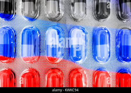 Tabletten und Russland Flagge, doping-Skandal, Tabletten Und Russland-Fahne, Doping-Skandal Stockfoto