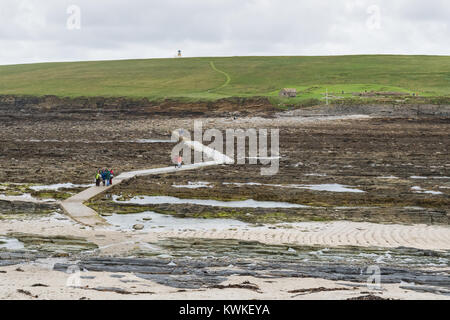 Causeway, die zu den Gezeiten Insel Brough von Birsay, Mainland Orkney, Schottland, bei Ebbe Stockfoto