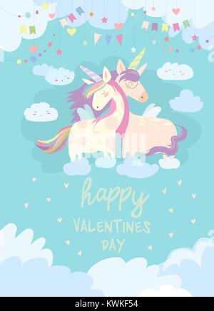 Nette Karte mit Märchen Einhörner in der Liebe Stock Vektor