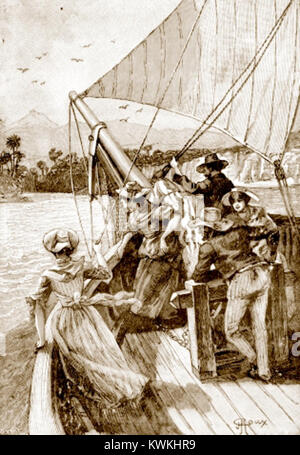 George Roux’ Illustration für Jules Vernes „zweites Vaterland“ stellt Themen der Identität, Zugehörigkeit und Anpassung dar und betont das Abenteuer und die kulturelle Erzählung des 19. Jahrhunderts in der Literatur. Stockfoto