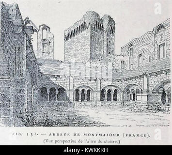 Blick auf die Klosterseite der Abtei Montmajour in Südfrankreich mit romanischen architektonischen Elementen wie Bögen, Steinsäulen und historischem Klosterdesign. Stockfoto