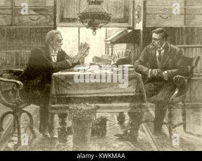 George Roux’ Illustration aus dem Jahr 1906 für Jules Vernes Roman der Goldene Vulkan zeigt eine ausbrechende Vulkaninsel in der Yukon-Region mit Schiffen und Zuschauern in dramatischer Komposition. Stockfoto