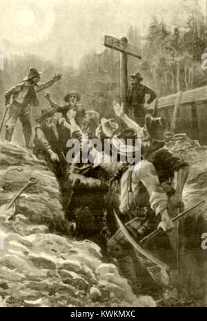 Eine Illustration von George Roux für Jules Vernes Roman der Goldene Vulkan, in der Entdeckungen und Abenteuer in den arktischen Regionen dargestellt werden und Roux seinen detaillierten und dramatischen künstlerischen Stil zeigt. Stockfoto