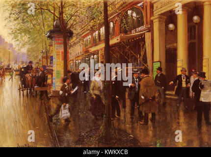 Ein Gemälde von Jean Béraud, das den geschäftigen Pariser Boulevard vor dem Théâtre des Variétés darstellt und das Leben, die Mode und die Architektur des Paris des späten 19. Jahrhunderts veranschaulicht. Stockfoto