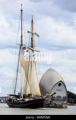 Top Sail schoner Wylde Swan übergibt die Thames Barrier auf der Themse am ersten Tag des Tall Ships Festival 2015. Stockfoto