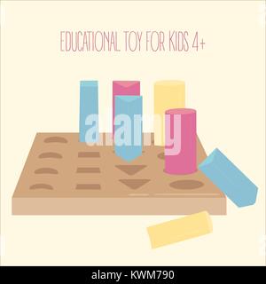 Farbige Holz- geometrischen Formen stecktafel Spiel. Pädagogische lernen Montessori Spielzeug für Kinder 4 und höher. Gleiches geometrische Formen in den Bohrungen. Zylinder Stock Vektor