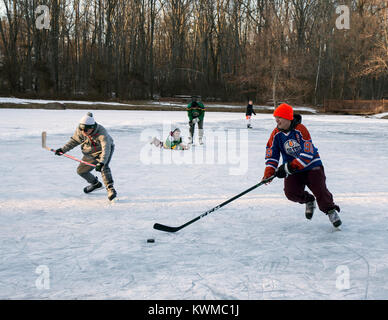 Jungs spielen Eishockey auf einem zugefrorenen Teich Stockfoto