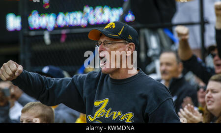 Iowa City, Iowa, USA. 1. Okt 2016. Eine Iowa Ventilator cheers auf seiner Mannschaft im ersten Quartal ihr Spiel am Kinnick Stadium in Iowa City am Samstag, 1. Oktober 2016. Die nordwestlichen Wildkatzen besiegten die Iowa Hawkeyes 38-31. Credit: Andy Abeyta/Viererkabel - Zeiten/ZUMA Draht/Alamy leben Nachrichten Stockfoto