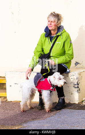 Bournemouth, Dorset, Großbritannien. Am 4. Januar, 2018. UK Wetter: windigen Tag am Bournemouth. Dame sitzt mit ihrem Hund mini Schnauzer, zwergschnauzer Hund. Credit: Carolyn Jenkins/Alamy leben Nachrichten Stockfoto