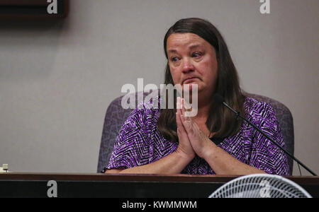 Rock Island, Iowa, USA. 11 Sep, 2017. Vickie Sedam, einem Familienmitglied beschrieben Opfer Jamie Sedam als wie eine Tochter, gibt ihr Impact Statement an der Rock Island County Courthouse am Montag, 11. September 2017. Mitchell Gayer, der ein Alford Plädoyer im Januar zu Fahren unter dem Einfluß verschlimmerte, wurde zu acht Jahren Gefängnis für den Crash 2013, links Jamie Sedam und Clayton Carver tot verurteilt. Credit: Andy Abeyta, Viererkabel - Zeiten/Viererkabel - Zeiten/ZUMA Draht/Alamy leben Nachrichten Stockfoto