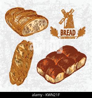 Digital Color Vector ausführliche Line Art golden Brote weiß und Ciabatta Brot, Abendessen roll Hand gezeichnet retro Abbildung. Dünne skizzieren. Vintage Stock Vektor