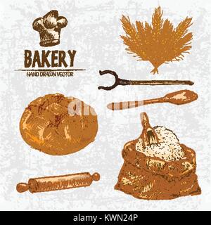 Digital Color Vector ausführliche Line Art golden Laib rundes Brot, Weizen, Backofen Gabel, Paddel aus Holz und Nudelholz, Mehl Sack mit scoop Hand s erstellt Stock Vektor