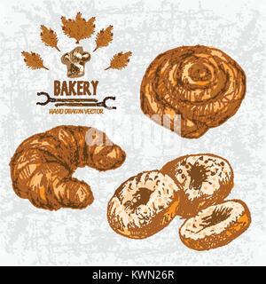 Digital Color Vector ausführliche Line Art goldene Croissant, Brötchen, Krapfen, Backofen gabeln Weizen und Küchenchef hat Hand gezeichnet Abbildung. Jahrgang Tinte flach, en Stock Vektor