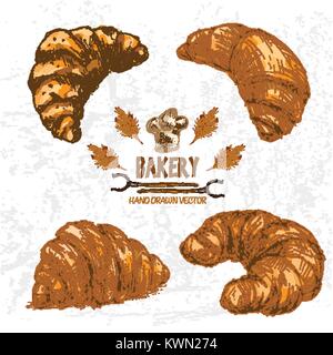 Digital Color Vector ausführliche Line Art golden Croissants, Weizen, Backofen Gabeln und Küchenchef hat Hand Abbildung gezeichnet. Dünne skizzieren. Jahrgang Tinte flach, Stock Vektor