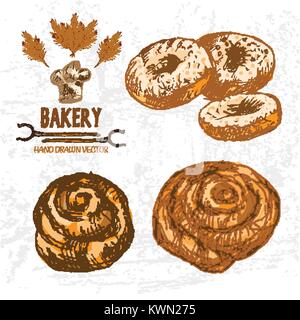 Digital Color Vector ausführliche Line Art goldenen Brötchen, Krapfen, Weizen, Backofen Gabeln und Küchenchef hat Hand gezeichnet Abbildung. Dünne skizzieren. Jahrgang Tinte fla Stock Vektor