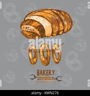 Digital Color Vector ausführliche Line Art golden Bäckerei mit Bagels auf String, Laib Brot und Backofen gabeln Hand gezeichnet. Dünne skizzieren. Jahrgang im Stock Vektor