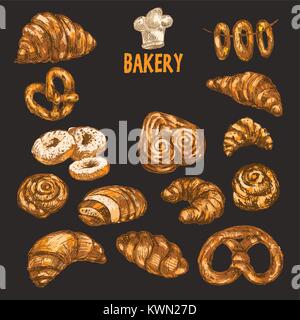 Digital Color Vector ausführliche Line Art goldenen Brötchen, Krapfen, Brezeln, Bagels auf String, Schweineohren, Croissants, Weizen, Backofen Gabeln und Küchenchef hat Hand dra Stock Vektor