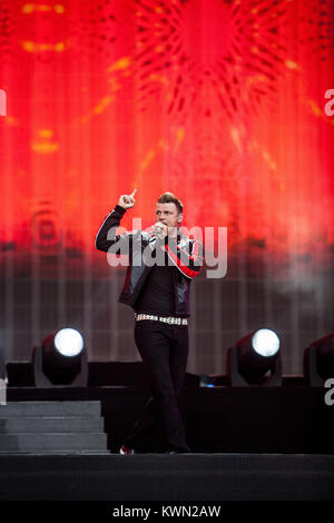 Die amerikanische junge Band und Vocal group Backstreet Boys durchführen, ein Live Konzert in der barclaycard Britische Sommerzeit Festival im Hyde Park in London 2014. Hier Nick Carter wird dargestellt, live auf der Bühne. De 06.07.2014. Stockfoto
