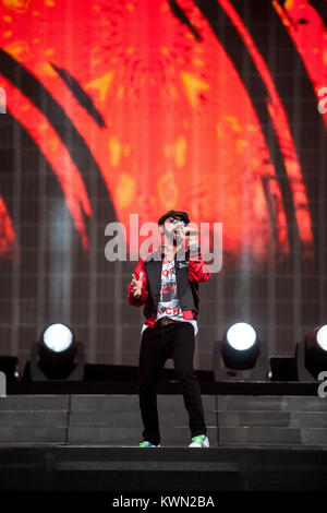 Die amerikanische junge Band und Vocal group Backstreet Boys durchführen, ein Live Konzert in der barclaycard Britische Sommerzeit Festival im Hyde Park in London 2014. Hier Alexander James McLean ist besser bekannt als "A. J." wird dargestellt, live auf der Bühne. De 06.07.2014. Stockfoto