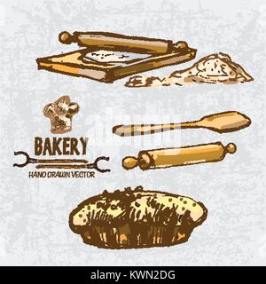 Digital Color Vector ausführliche Line Art Goldenen Pastete mit Sesam, Paddel aus Holz, Backofen gabeln, Rolling Pin auf Schneidebrett und Mehl von Hand gezeichnet. Vint Stock Vektor