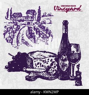 Digital Color Vector line Art Wein Flasche, Glas halb voll, Käse und Olivenöl Vorspeisen, Schneidebrett, Korkenzieher, Holz- Warenkorb Hand gezeichnet. Vint Stock Vektor