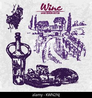 Digital Color Vector line Art Wein Alten Krug, Schnittkäse Vorspeise, Messer, Traubenmost, Bündel und runde Brot Hand gezeichnet Retro eingestellt. Jahrgang Tinte flach Stock Vektor