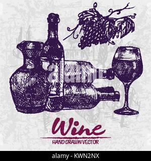 Digital Color Vector line Art Wein Alten Krug, Flaschen gestapelt, Glas halb voll und der Bündel Hand gezeichnet Retro Satz beschrieben. Jahrgang Tinte flach, Stock Vektor