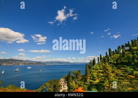 Panoramablick auf das Mittelmeer von Portofino, Ligurien, Italien Stockfoto