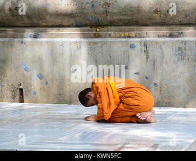 Ein Anfänger am Mahabodhi Tempel Komplex in Bodhgaya, Indien zu beten. Stockfoto