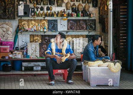 Thai holding Schlange, Damnoen Saduk schwimmenden Markt, Thailand. Stockfoto