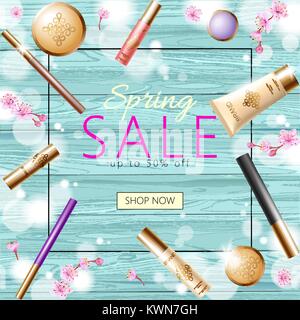 Realistische 3D-kosmetischen Frühling Verkauf banner Vorlage. Platz Werbe Poster dekorative Make-up Holzbrett Tabelle goldene Paket pink Sakura japanische Blume Rahmen flach Vector Illustration Stock Vektor