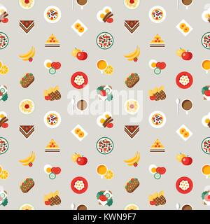 Digitale Vektor frühstück Mahlzeit frische Lebensmittel und Getränke Farbe einfache flache Symbol mit Kaffee externen Beratergruppen, Obst und süßen Kuchen, nahtlose Muster set, isoliert Stock Vektor