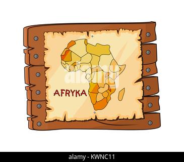 Afrika Karte auf Holzschild, Platte Cartoon auf weißem Hintergrund Stock Vektor