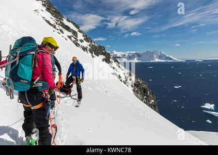 Skitourengeher roped gemeinsam für Sicherheit von gletscherspalten verwenden synthetische Felle auf Skiern den Berg hinauf zu klettern; Rongé Island; Arctowski Halbinsel; Antarktis Stockfoto