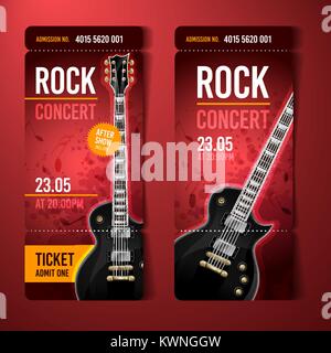 Vector Illustration Blue Rock Konzert ticket Design Template mit schwarzen Gitarre und kühlen splash Effekte im Hintergrund Stock Vektor