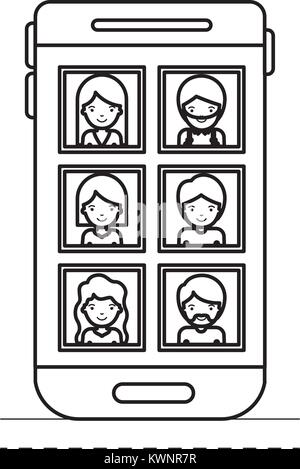 Menschen Picture Profile soziales Netzwerk im Bildschirm des Smartphones in schwarze Silhouette Stock Vektor