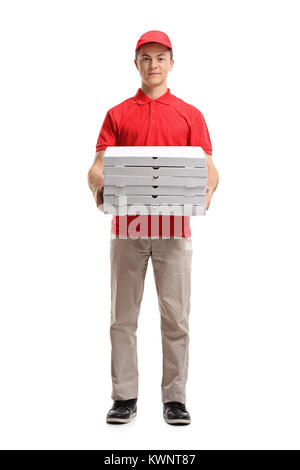 In voller Länge Porträt einer Jugend Pizza Delivery boy Holding eine Pizza Schachteln auf weißem Hintergrund Stapel Stockfoto
