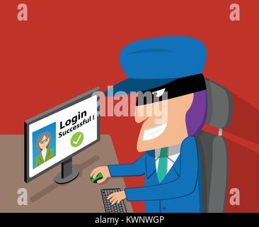 Ältere Frau gehackten account durch Hacker war, Vektor cartoon Design Stock Vektor