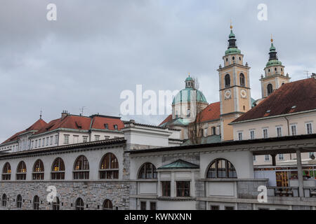 Der zentrale Markt von Ljubljana, der Hauptstadt Sloweniens, in einem trüben regnerischen Tag genommen, mit dem Fluss Ljubljanica auf die Vorder - und Ljubljana Cat Stockfoto