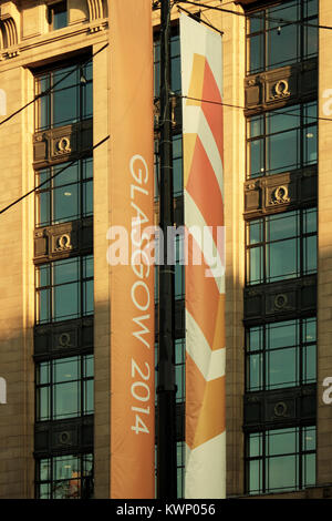 Glasgow 2014 Banner in den George Square, Glasgow, Schottland hängen Stockfoto