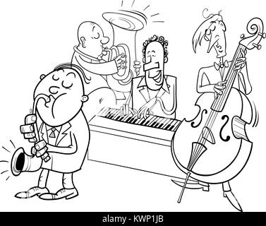 Schwarze und Weiße Cartoon Illustration des Jazz Musiker Band spielt ein Konzert Malbuch Stock Vektor