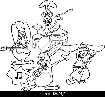 Schwarze und Weiße Cartoon Illustration von lustigen Hasen Rock and Roll Musiker Band Malbuch Stock Vektor