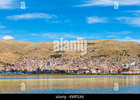 Puno Panoramablick vom Titicacasee, Peru Stockfoto