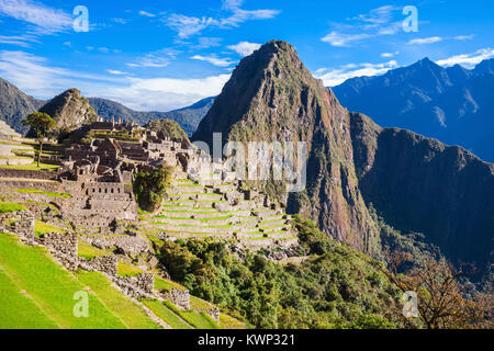 Blick auf die verlorene Inka-Stadt Machu Picchu in der Nähe von Cusco, Peru. Stockfoto