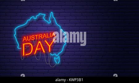 Australien Tag. Leuchtreklame auf Wand. Karte von Australien. Australian National Holiday. Horizontale banner Vorlage. Stock Vektor