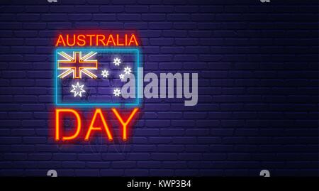 Australien Tag. Leuchtreklame auf Wand. Australian National Holiday. Flagge und Text. Horizontale banner Vorlage. Stock Vektor