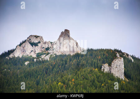 Blick auf pietrele Doamnei Peak (Lady's Steine Felsen) von unten in das Rarau-massiv in Suceava, Bukowina, Rumänien Stockfoto