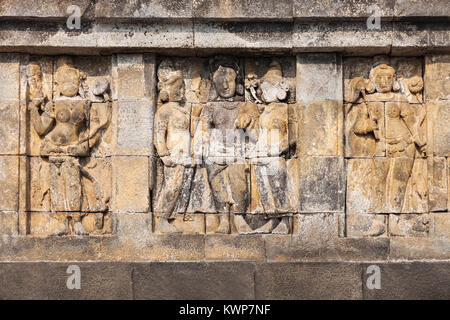 Relief Panel in Borobudur Tempel in Magelang, Central Java in Indonesien Stockfoto